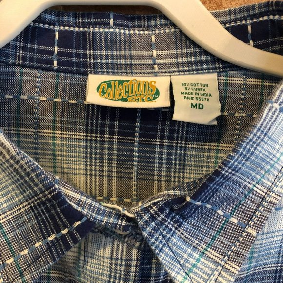 Collections Etc Button Up Shirt Dress 3/4 Sleeve Blue Plaid Sz M Midi - Picture 2 of 8